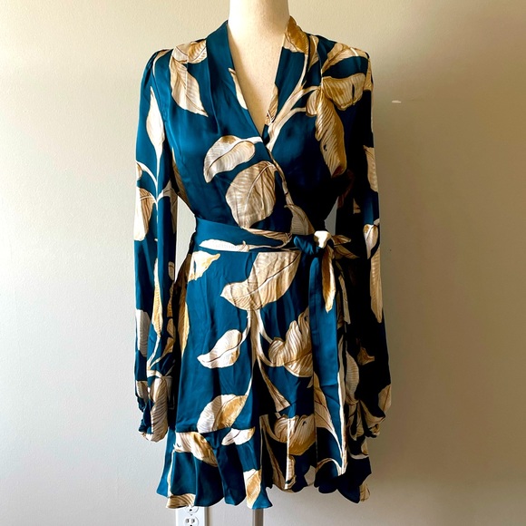 Banana Republic Dresses & Skirts - NWT | Banana Republic | Satin Ruffle Wrap Mini Dress | Teal Floral | Medium